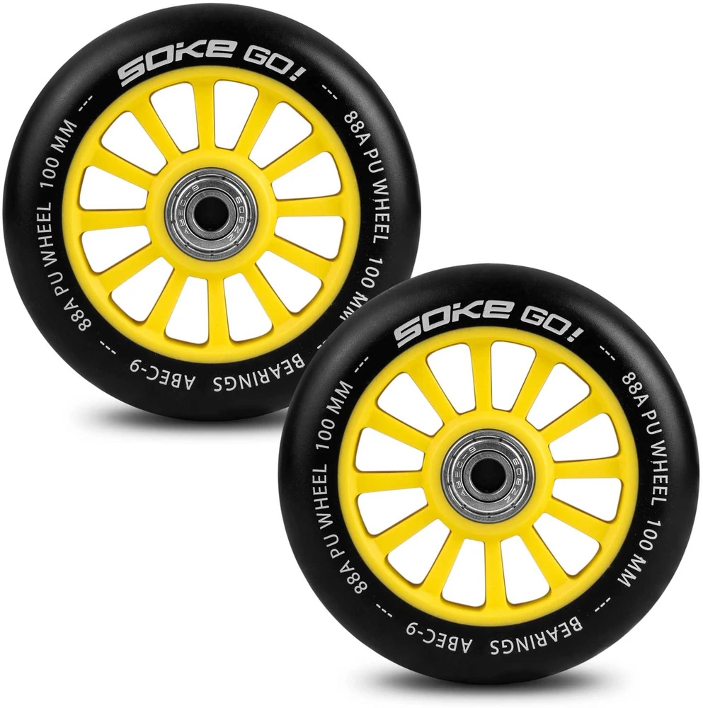 Soke Geltoni 100 mm riedžių ratukai paspirtukui, 2 vnt.
