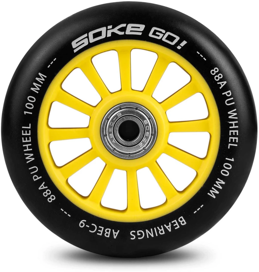Soke Geltoni 100 mm riedžių ratukai paspirtukui, 2 vnt.