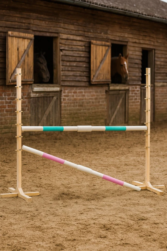 Šuolių kliūtis hobby horsing 160×120 cm su dviem kartelėmis mentos ir šviesiai rožinė