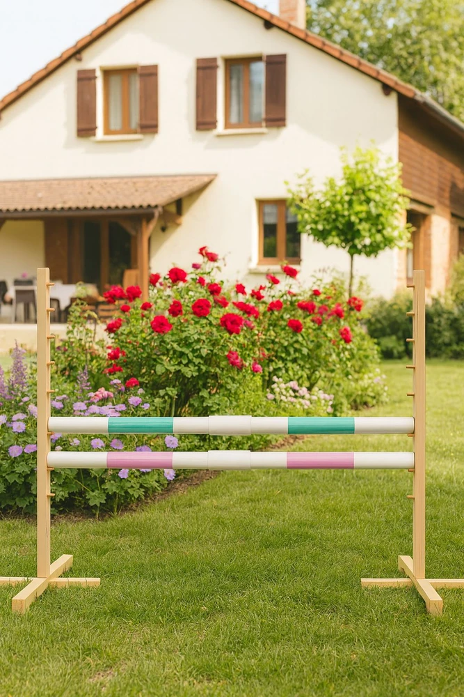 Šuolių kliūtis hobby horsing 160×120 cm su dviem kartelėmis mentos ir šviesiai rožinė