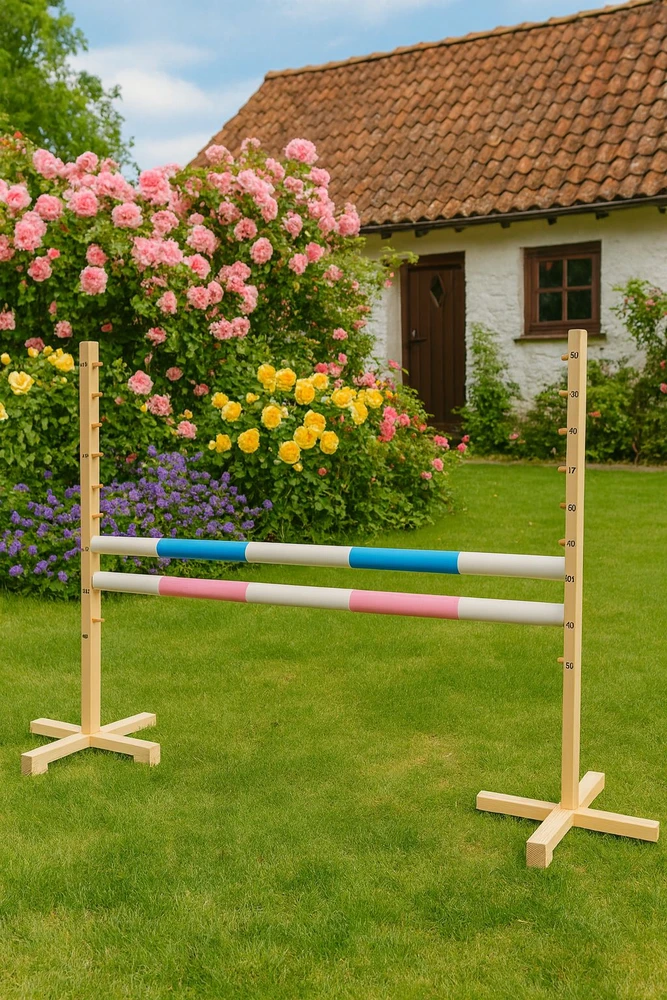 Šuolių kliūtis hobby horse žaidimui 120 cm šviesiai mėlyna ir rožinė