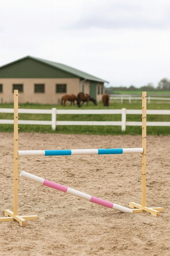 Šuolių kliūtis hobby horse žaidimui 120 cm šviesiai mėlyna ir rožinė