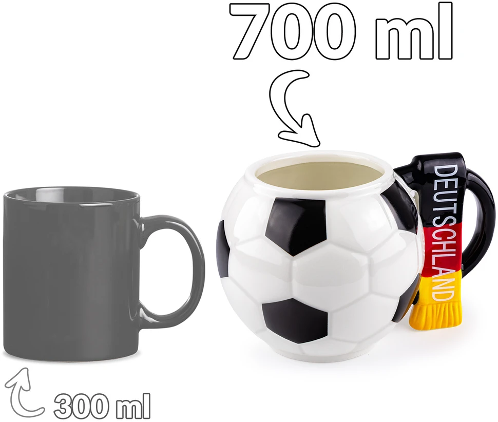 Sprintigo Didelė futbolo formos puodelis su 700 ml talpa, futbolo gerbėjams, juodas