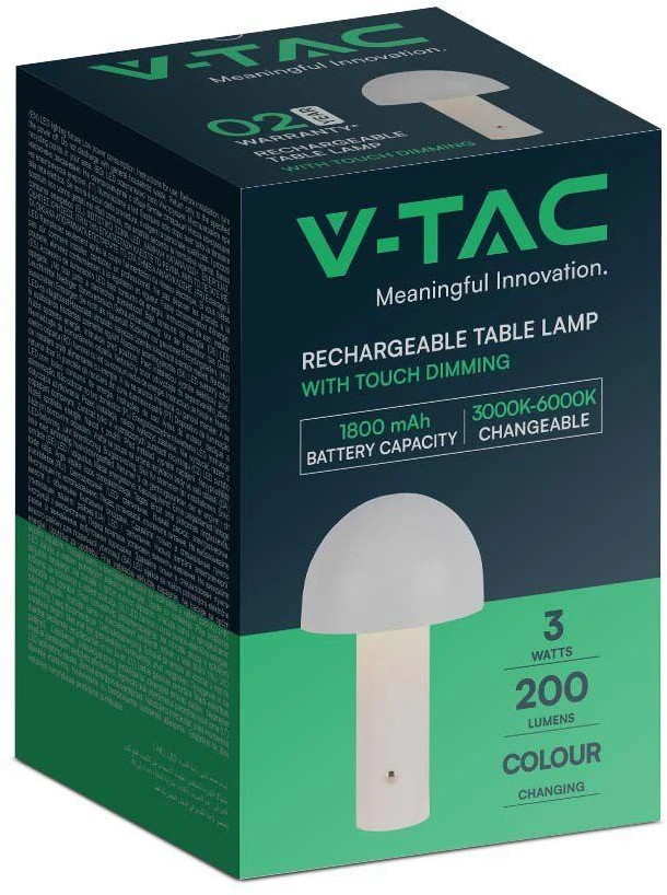 V-tac 3W LED įkraunamas stalinis šviestuvas, baltas, 3000/6000K, dimeriuojamas