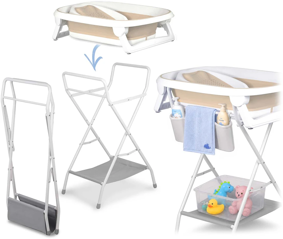 Sulankstoma vonelė vaikams ir kūdikiams Nukido NK-279 su stovu, termometru ir įdėklu, balta-smėlio spalvos