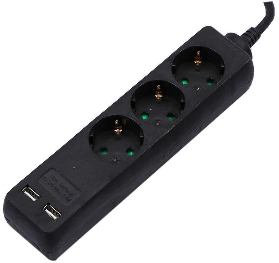 Ilgintuvas 3-vietis V-TAC, 2usb jungtys, 3G1.5MM2 X 5M, juodas