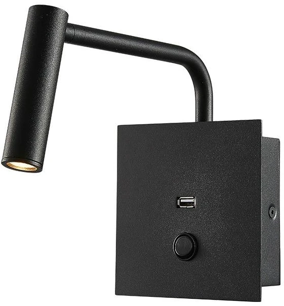 V-tac 3W LED sieninis šviestuvas, juodas, su USB, 3000K