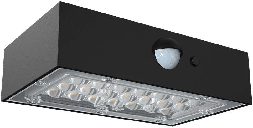 Sieninis šviestuvas V-tac 3W LED paviršinis šviestuvas su saulės baterija ir judesio davikliu, juodas, 3000/4000K