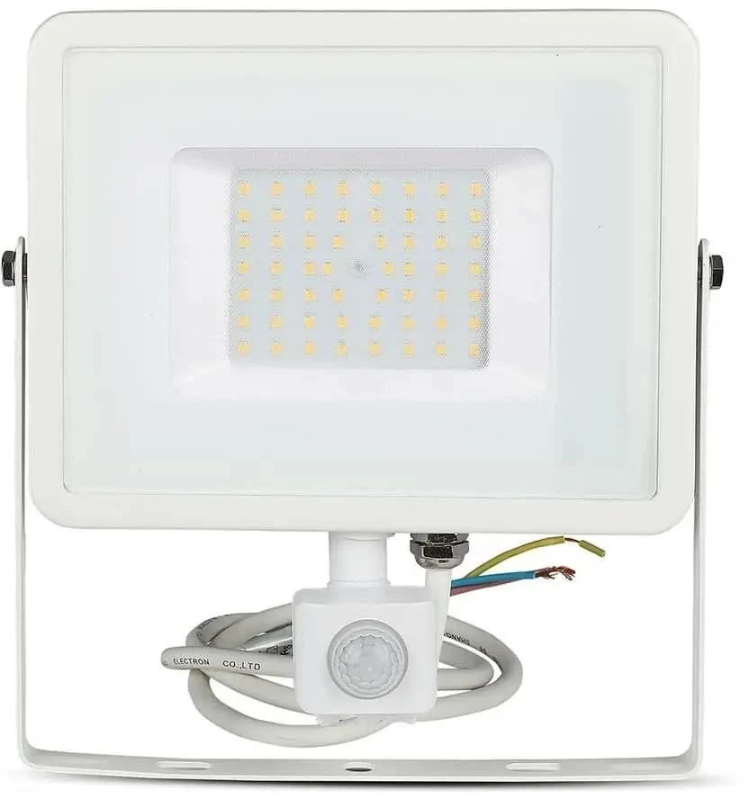 50W LED prožektorius V-TAC, 3000K (šiltai balta), su judesio davikliu, baltu korpusu, SAMSUNG LED chip