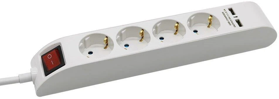 Ilgintuvas 4-vietis V-TAC, 2 usb jungtys, baltos spalvos, šviečiantis įjungimo mygtukas