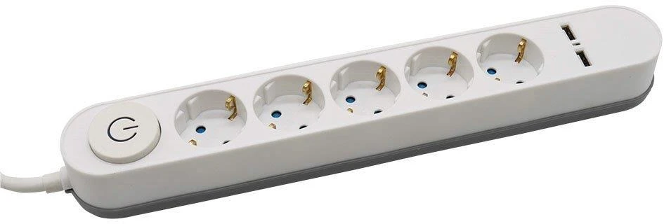 Ilgintuvas 5-vietis V-TAC, 2 usb jungtys, baltos spalvos, šviečiantis įjungimo mygtukas