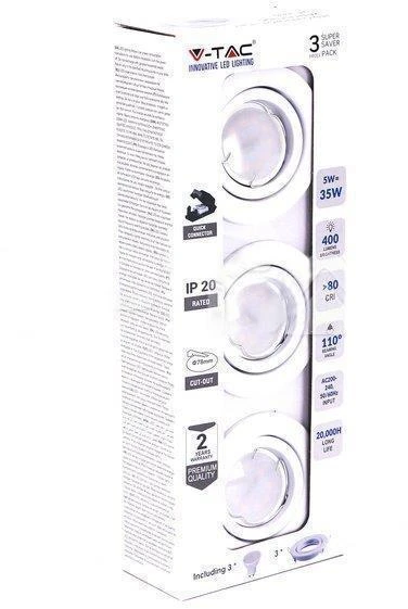 V-tac 5W LED lemputė GU10, su rėmeliu, baltu korpusu, 6400K (šaltai balta). Pakuotėje 3 vnt.
