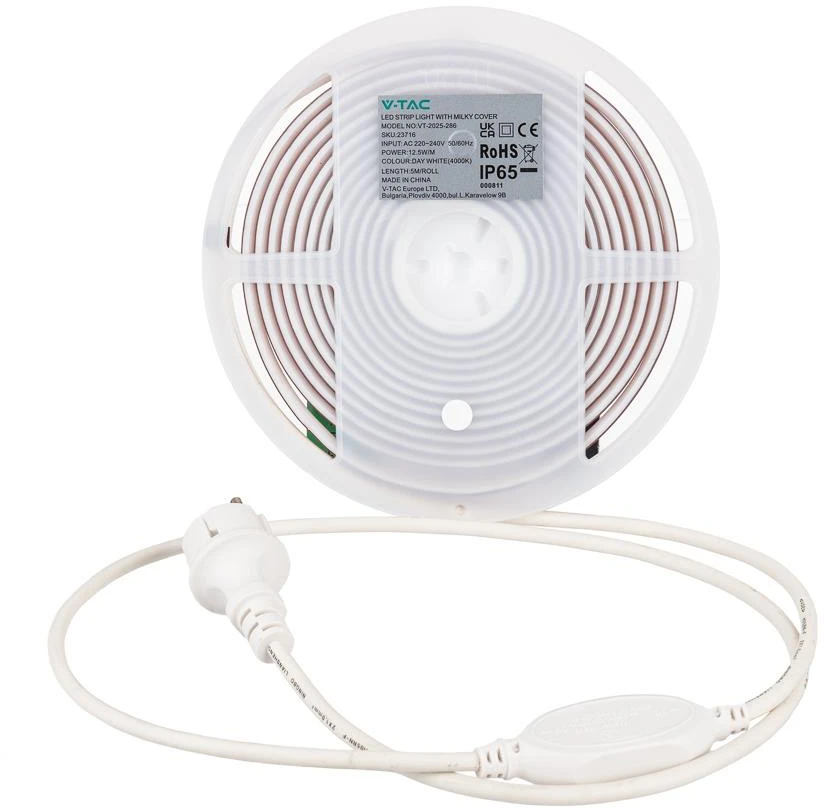 V-tac 12,5W/m LED juosta, 220V, 6500K, IP65, 5m ritė