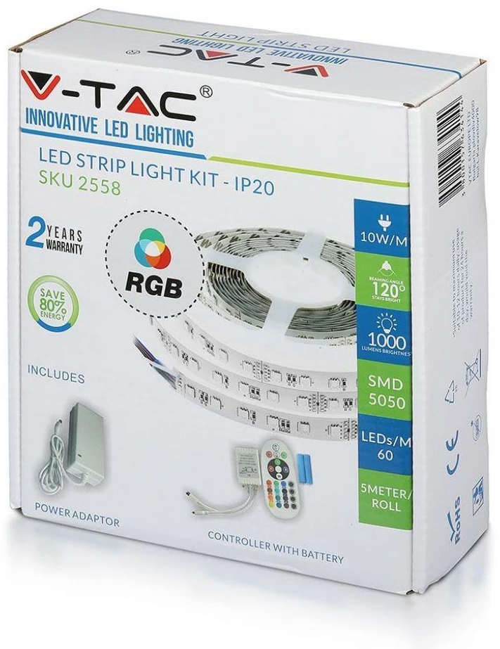 V-tac 10 W/m LED juosta 5metrų (nekarpoma), SMD5050, 60 LED/m, neatspari drėgmei (IP20), RGB, EU jungiklis