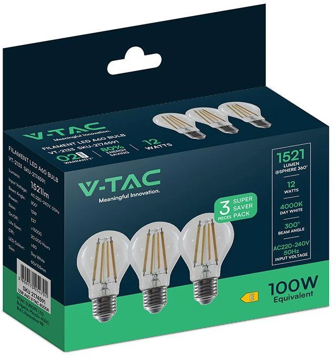 V-TAC LED lemputė 12W E27 4000K A60 (3 vnt.)