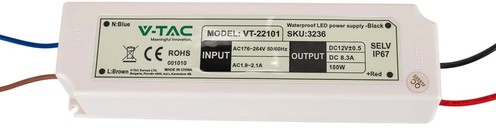 100W Maitinimo šaltinis V-TAC, 12V, 8A, plastikiniu korpusu, IP67