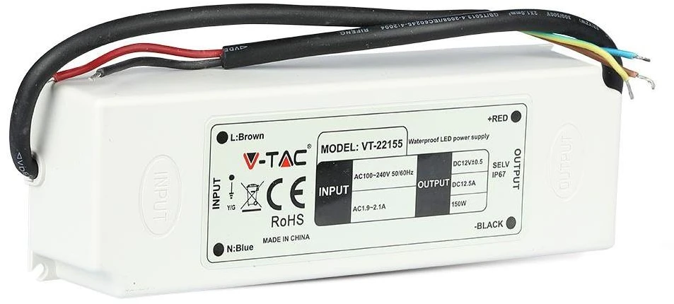 V-tac 150W SLIM maitinimo šaltinis, 12V, plastikiniu korpusu, IP67