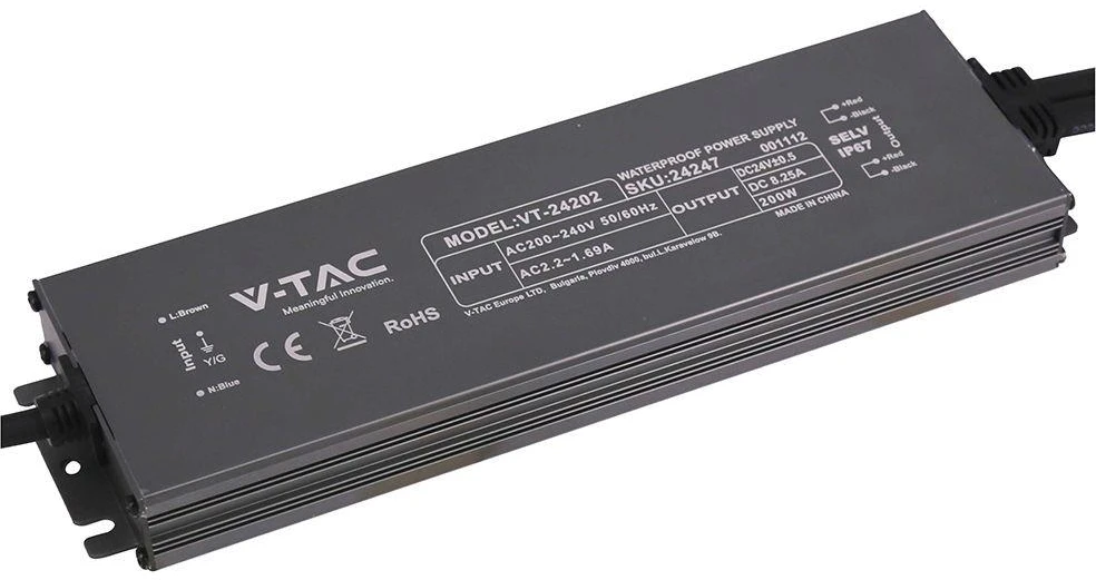 200W LED maitinimo šaltinis, 24V, 8.25A, IP67