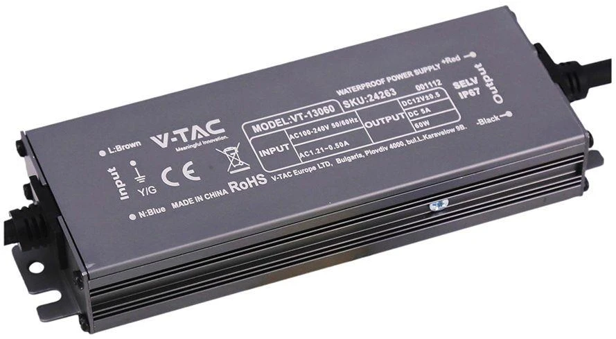 60W LED maitinimo šaltinis, 12V, 5A, IP67