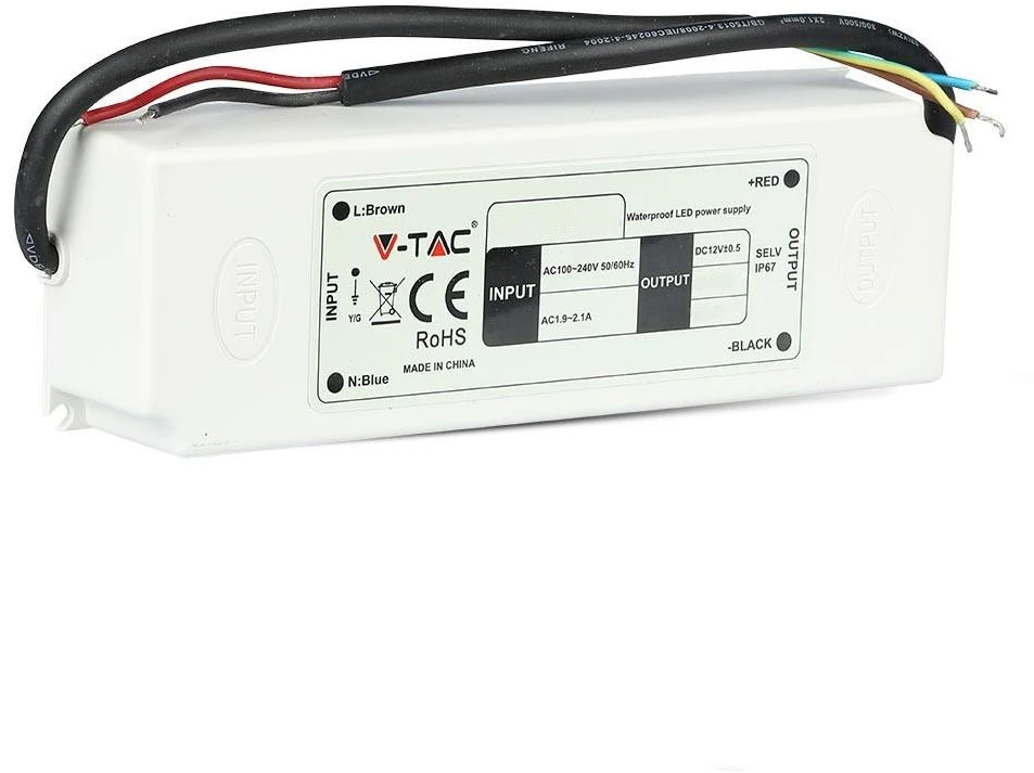V-tac 60W SLIM maitinimo šaltinis, 12V, plastikiniu korpusu, IP67