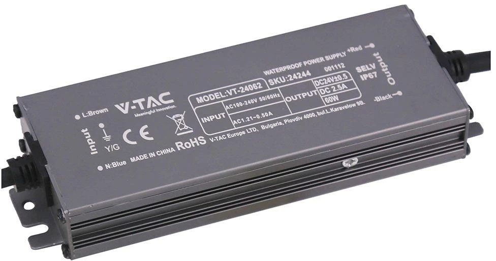 60W LED maitinimo šaltinis, 24V, 2.5A, IP67