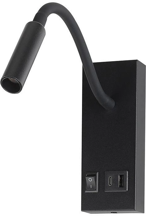 3W LED sieninis šviestuvas - skaitymo lempa, juodas, 3000K, su USB/PD jungtimi, CREE LED chip