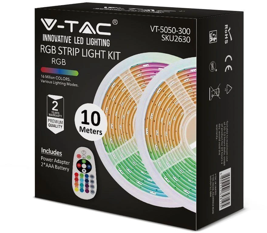 4,8 W/m, 100-240V LED juosta V-TAC, RGB. Komplekte 2x5m juosta, adapteris ir valdymo pultelis