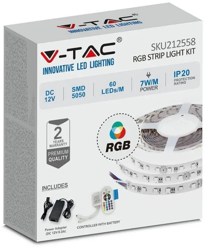 V-tac 7W/m LED juosta, 60 LED/m, RGB, EU jungiklis, 5 metrų (nekarpoma)