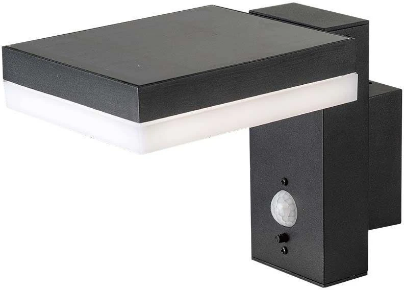 Sieninis šviestuvas V-tac 5,5W LED sieninis lauko šviestuvas su saulės baterija ir judesio davikliu, juodas, 3000K, IP54