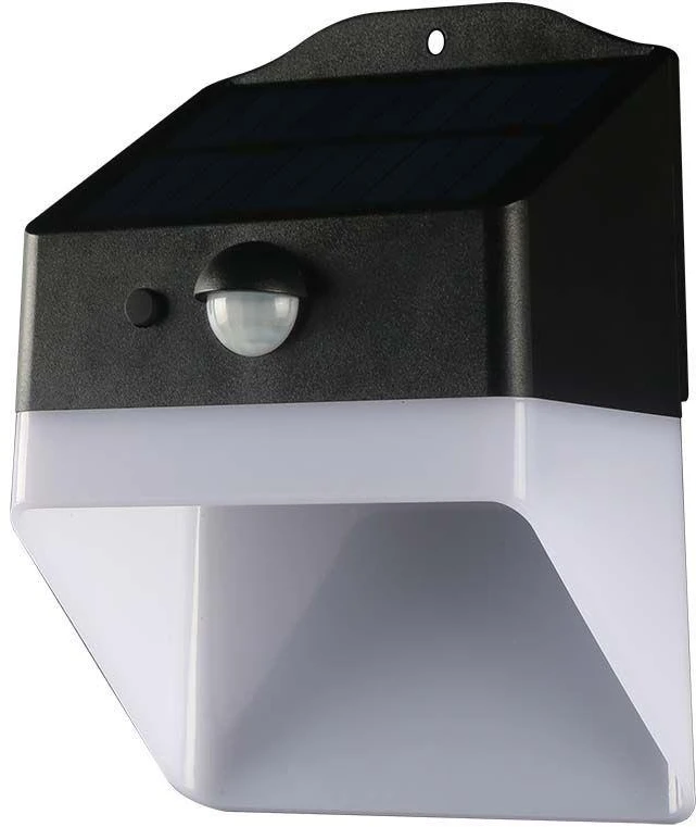 Sieninis šviestuvas V-tac 2W LED sieninis lauko šviestuvas su saulės baterija ir judesio davikliu, baltos/juodos sp., 4000K, IP65
