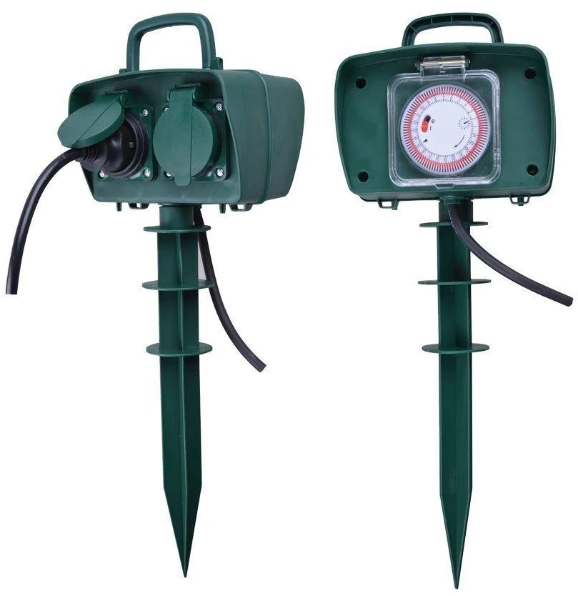 V-tac 2-vietis įsmeigiamas skirstytuvas su mechaniniu laikmačiu, IP44, žalios spalvos