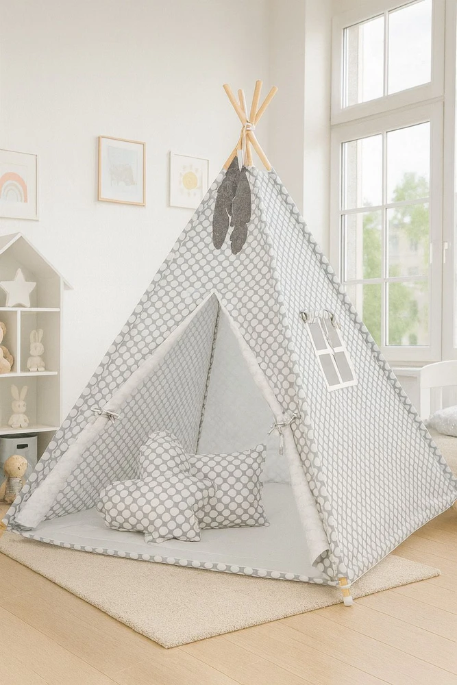 Vaikiška tipi palapinė pilka su baltais taškeliais