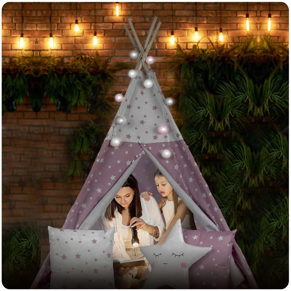 Palapinė vaikams Nukido Teepee, su šviesomis, rožinė su žvaigždėmis