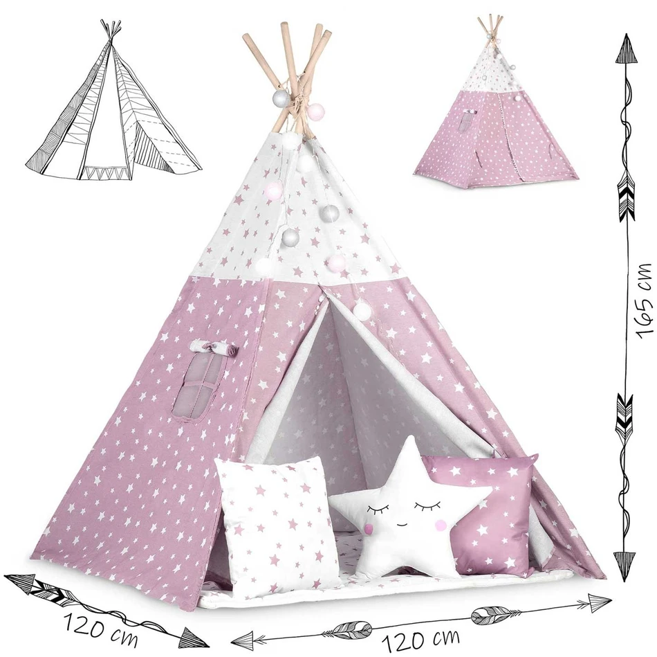 Palapinė vaikams Nukido Teepee, su šviesomis, rožinė su žvaigždėmis