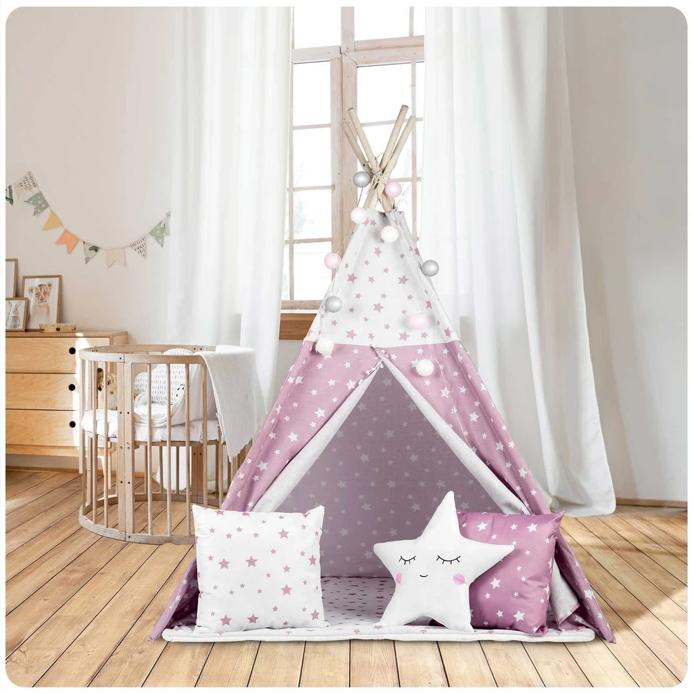 Palapinė vaikams Nukido Teepee, su šviesomis, rožinė su žvaigždėmis