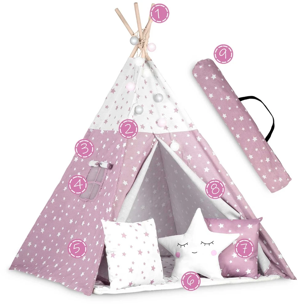 Palapinė vaikams Nukido Teepee, su šviesomis, rožinė su žvaigždėmis