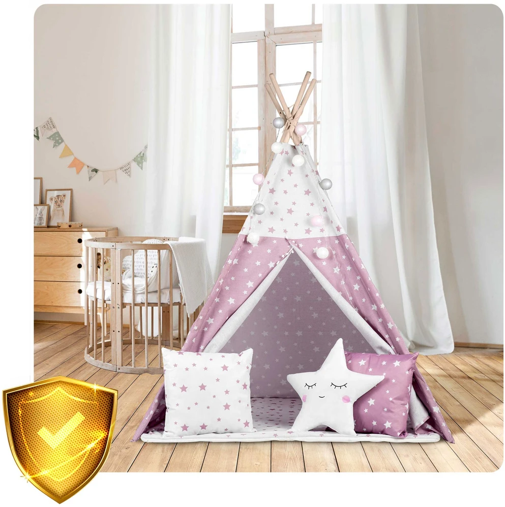 Palapinė vaikams Nukido Teepee, su šviesomis, rožinė su žvaigždėmis