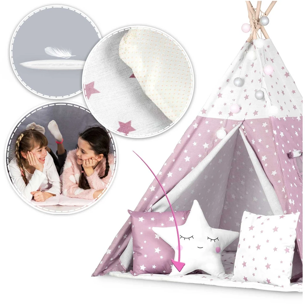 Palapinė vaikams Nukido Teepee, su šviesomis, rožinė su žvaigždėmis