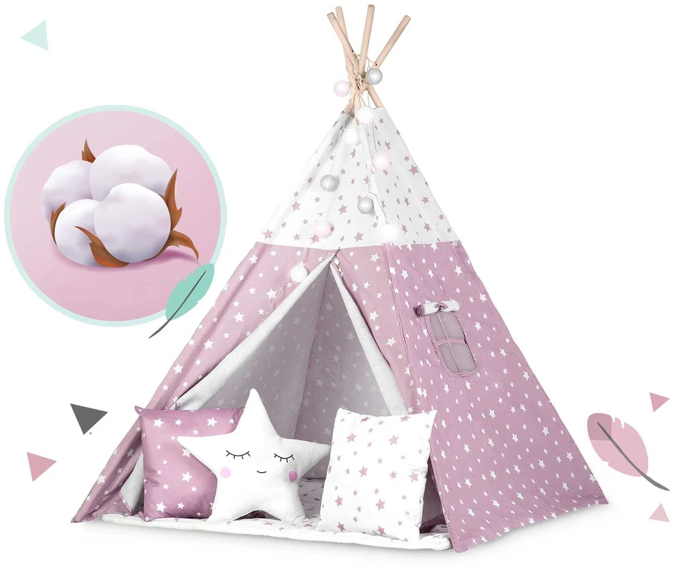 Palapinė vaikams Nukido Teepee, su šviesomis, rožinė su žvaigždėmis