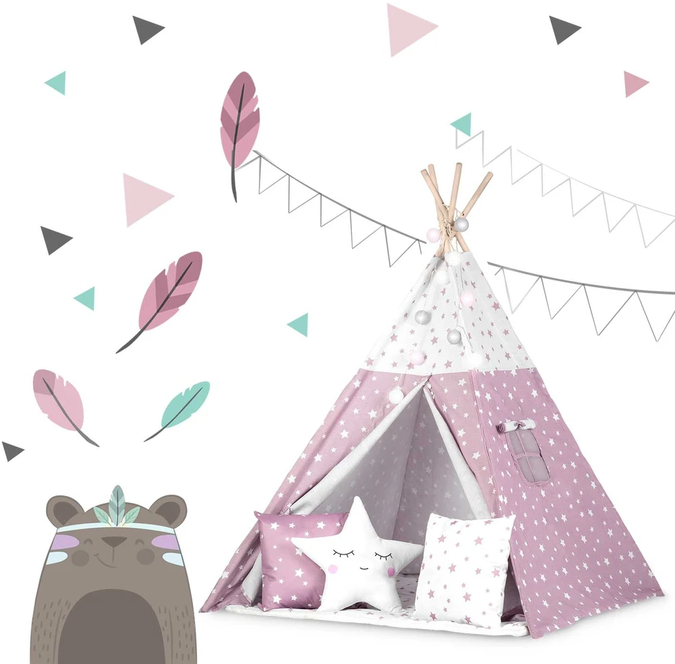 Palapinė vaikams Nukido Teepee, su šviesomis, rožinė su žvaigždėmis