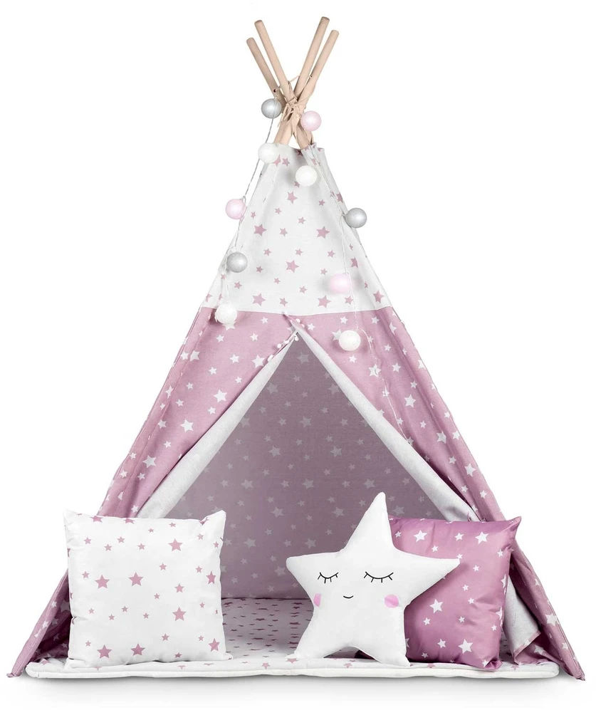 Palapinė vaikams Nukido Teepee, su šviesomis, rožinė su žvaigždėmis