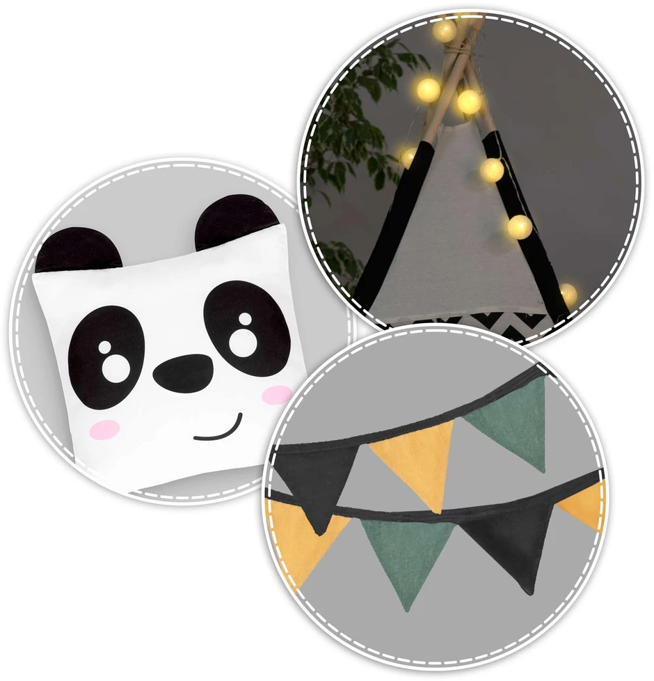 Nukido palapinė vaikams su girlianda ir švieselėmis - balta, juoda su panda