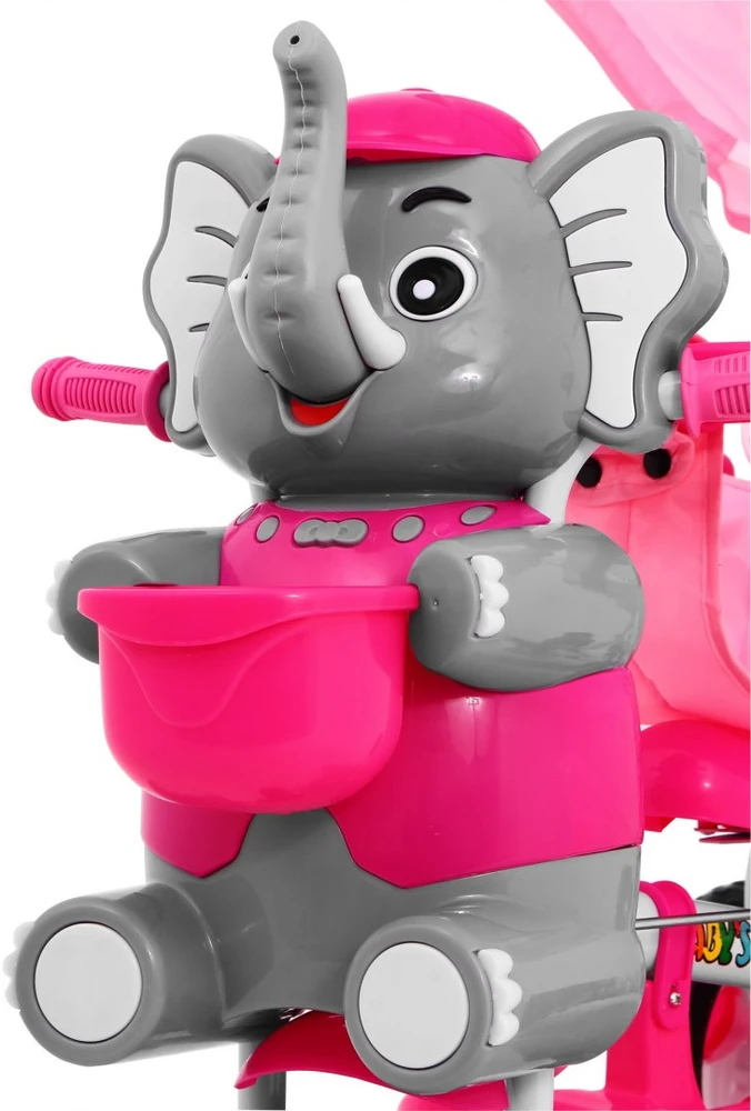 Ramiz Rožinė Triratis "Elephant Rožinė" + garsai + stogelis + barjeras + atrama kojoms + rankena + laikymo skyrius