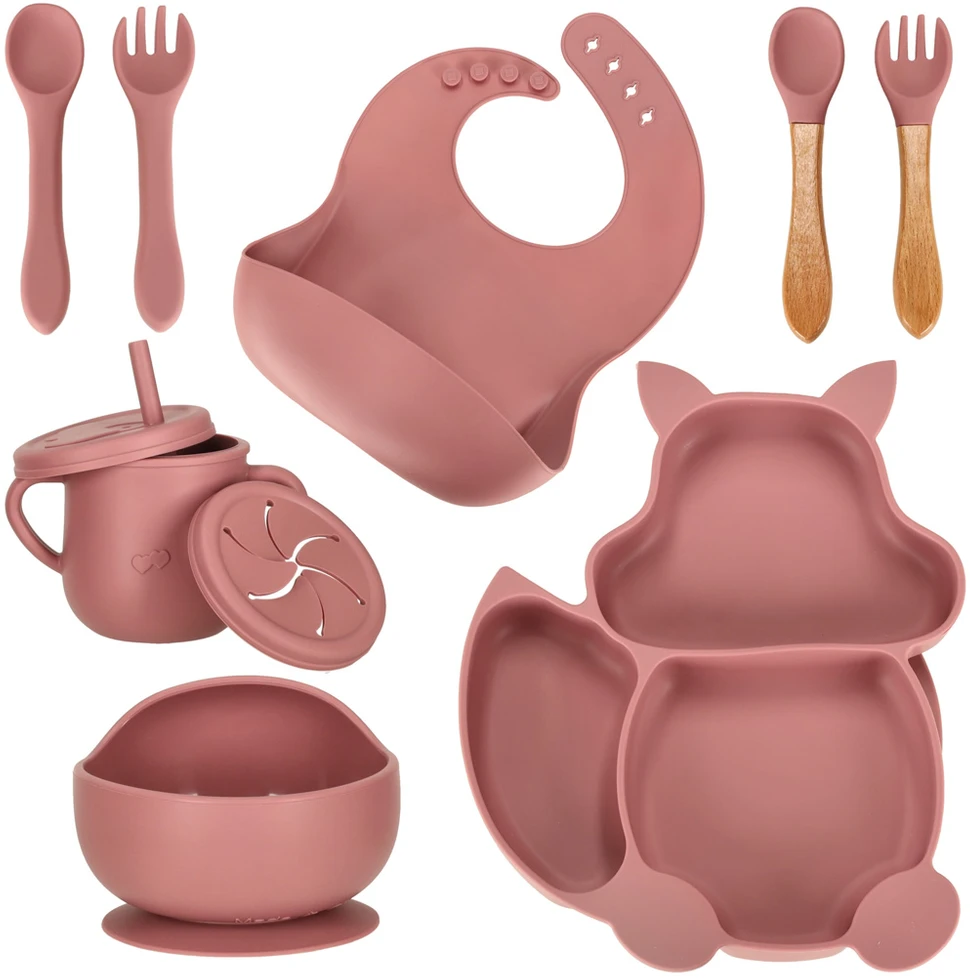 Ikonka Vaikiški silikoniniai indai voverė tamsiai rožinės spalvos