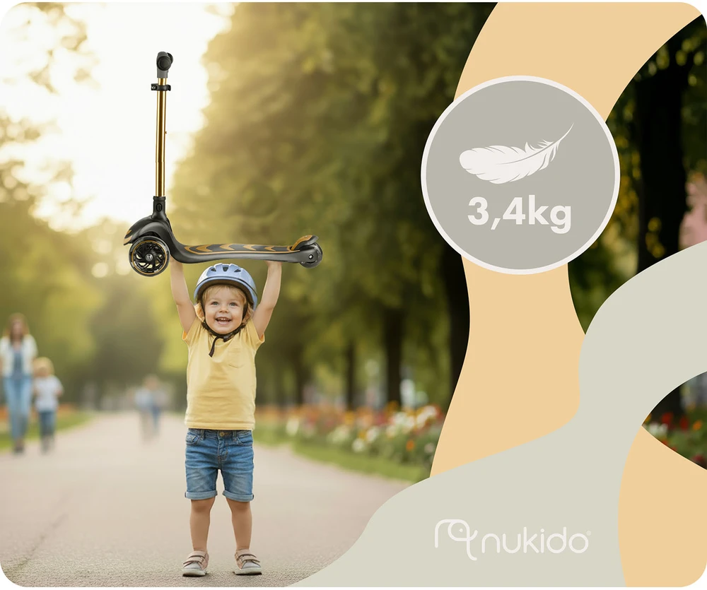 Vaikiškas auksinis Nukido Flippo triračio balansinis paspirtukas su sėdyne