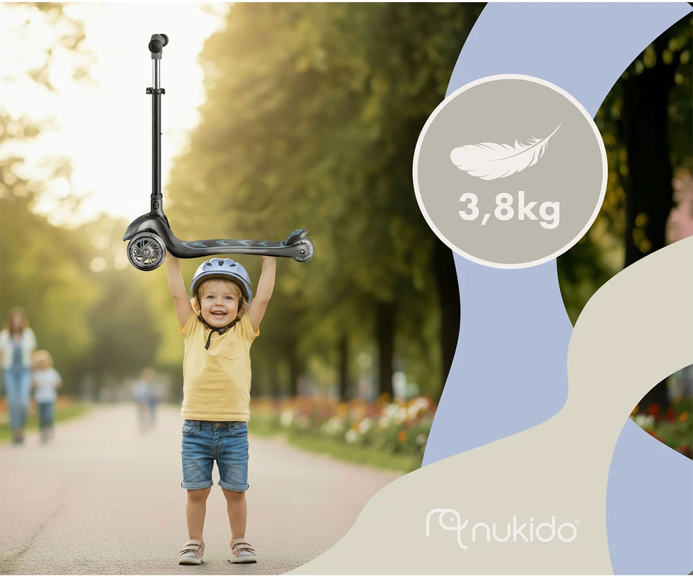 Vaikiškas juodas triračio balansinis paspirtukas Nukido Flippo su sėdyne