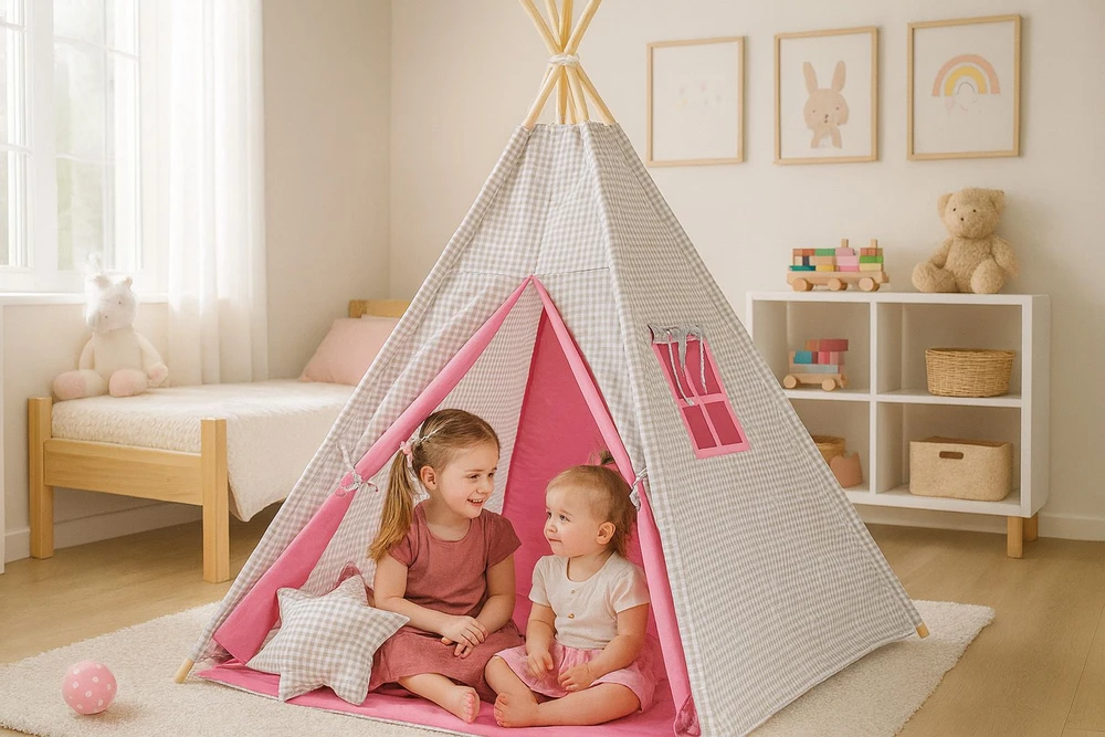 Vaikiška tipi palapinė su dekoratyvinėmis plunksnomis – pilka rožinė