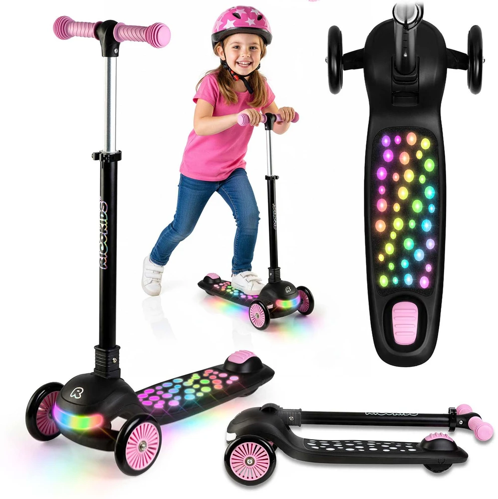 Vaikiškas Ricokids Glowi triračio balansinis paspirtukas su LED, juodos ir rožinės spalvos