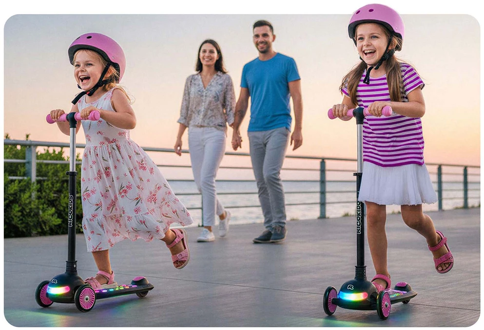 Vaikiškas Ricokids Glowi triračio balansinis paspirtukas su LED, juodos ir rožinės spalvos