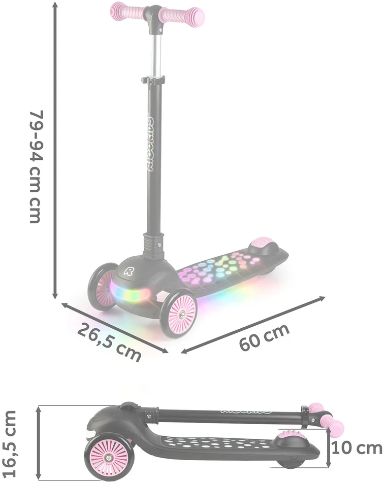 Vaikiškas Ricokids Glowi triračio balansinis paspirtukas su LED, juodos ir rožinės spalvos